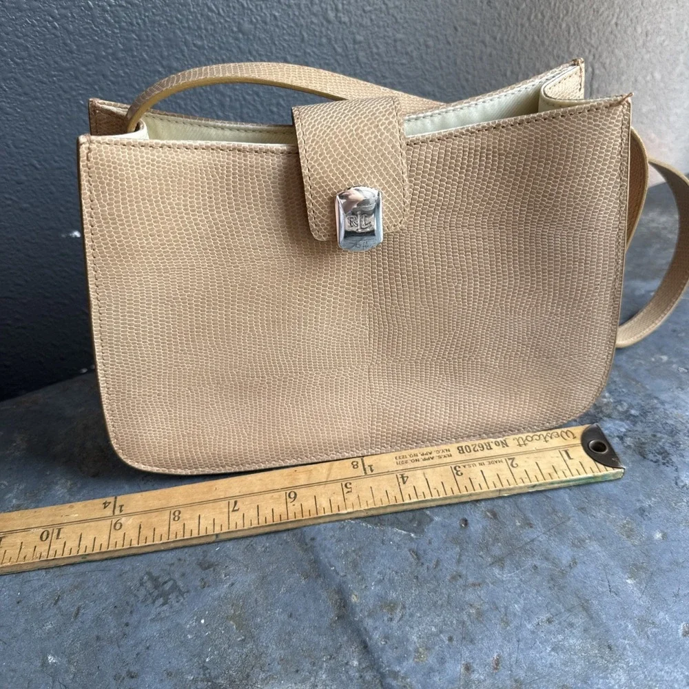 Lauren Ralph Lauren Snakeskin Shoulder Bag Tan Brown Leather Silver Hardware Vtg